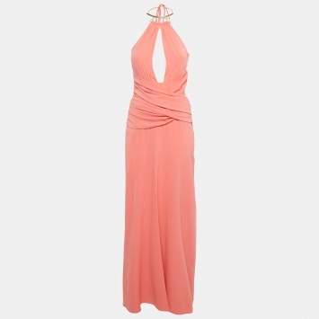 Pre Owned La Perla Pink Silk Halter Neck Draped Maxi Dress M 