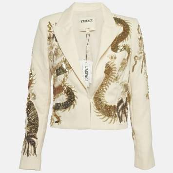 Pre Owned L'agence Beige Cotton Noely Sequin Dragon Blazer S