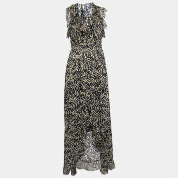 Pre Owned L'agence Brown Abstract Printed Silk Sophie Flutter Maxi Dress M 