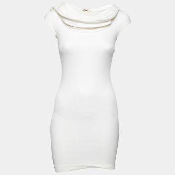 Pre Owned L'agence White Cotton Blend Draped Shawl Neck Bodycon Dress XS