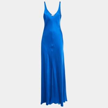 Pre Owned L'agence Blue Satin Sleeveless Maxi Dress M