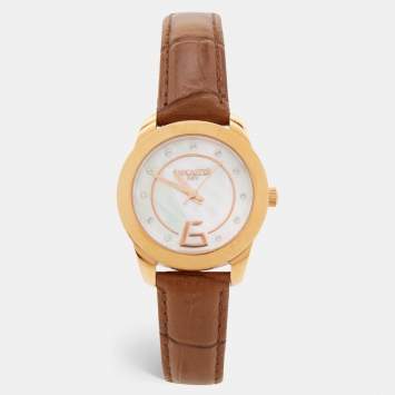 Pre Owned Lancaster Mother of Pearl Rose Gold Plated Stainless Steel Leather Crystallized REF.0632 Women's Wristwatch 33 mm