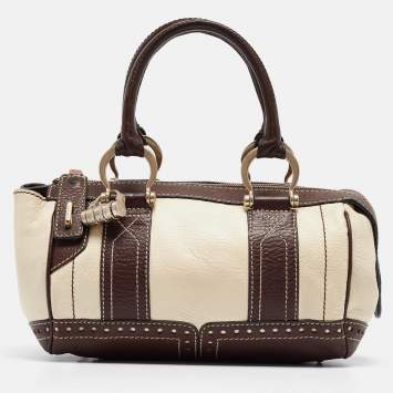Pre Owned Lancel Brown/Off White Leather Lock Detail Satchel