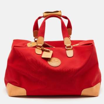 Pre Owned Lancel Red/Tan Canvas and Leather Trim Weekend Duffel Bag
