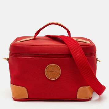 Pre Owned Lancel Red/Tan Canvas and Leather Trim Vanity Travel Bag