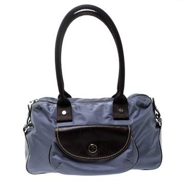 Pre Owned Lancel Metallic Blue Nylon and Leather Bowling Bag