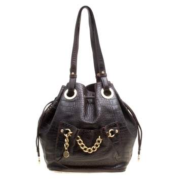 Pre Owned Lancel Dark Brown Croc Embossed Leather Drawstring Bucket Bag