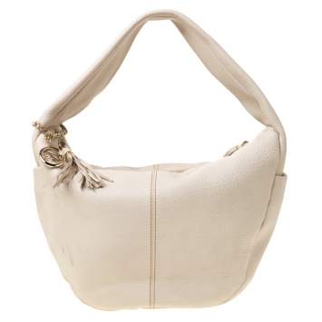 Pre Owned Lancel Light Cream Leather Tassel Hobo 