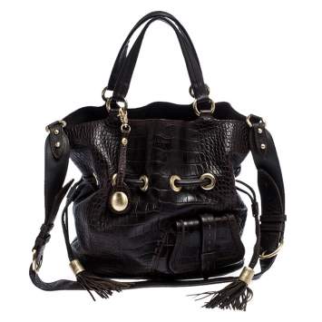 Pre Owned Lancel Brown Croc Embossed Leather Premier Flirt Bucket Bag