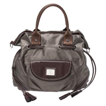 Pre Owned Lancel Olive Green/Brown Nylon and Leather Drawstring Hobo