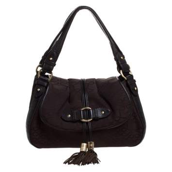 Pre Owned Lancel Brown Canvas and Leather Tassel Flap Shoulder Bag