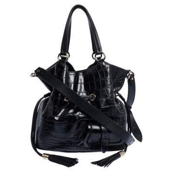Pre Owned Lancel Black Croc Embossed Leather Premiere Flirt Bucket Shoulder Bag