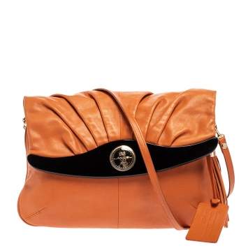 Pre Owned Lancel Orange Pleated Leather Flap Tassel Shoulder Bag