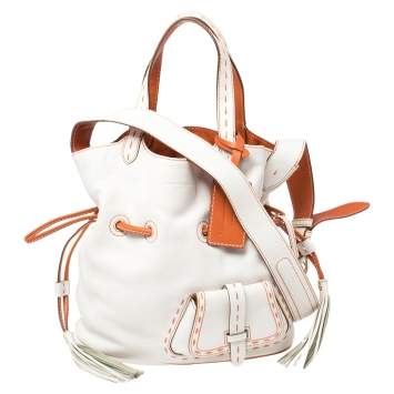 Pre Owned Lancel White/Orange Leather Premiere Flirt Bucket Bag