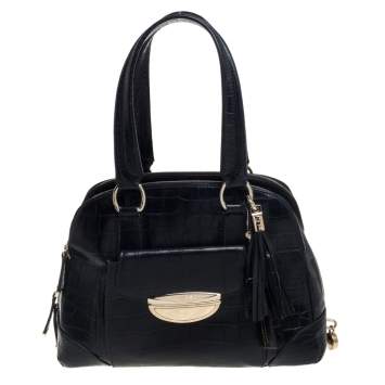 Pre Owned Lancel Black Croc Embossed Leather Adjani Satchel