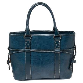 Pre Owned Lancel Blue Lizard Embossed Leather Drawstring Tote