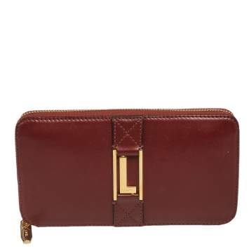 Pre Owned Lancel Burgundy Leather Logo Zip Around Wallet