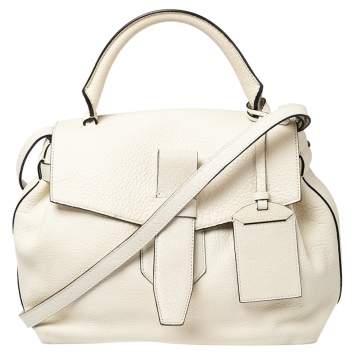 Pre Owned Lancel Off White Grained Leather Medium Charlie De Lancel Top Handle Bag