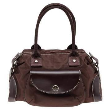 Pre Owned Lancel Brown Nylon And Leather Front Pocket Satchel