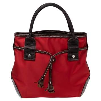 Pre Owned Lancel Red/Brown Nylon and Leather Tassel Drawstring Tote