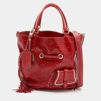 Pre Owned Lancel Red Croc Embossed Leather Premier Flirt Bucket Bag