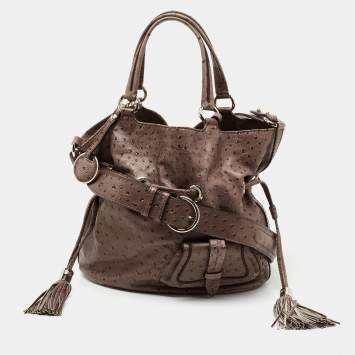 Pre Owned Lancel Brown Ostrich Embossed Leather Premiere Flirt Bucket Bag