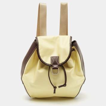 Pre Owned Lancel Yellow/Dark Brown Nylon and Leather Drawstring Backpack