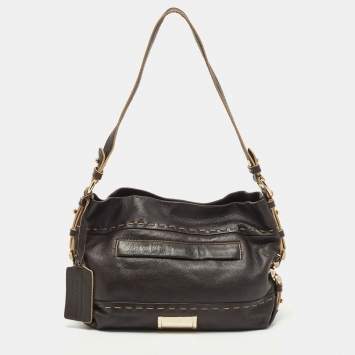 Pre Owned Lancel Dark Brown Wildstitch Leather Front Pocket Shoulder Bag
