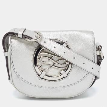 Pre Owned Lancel Silver Leather Logo Embellished Crossbody Bag
