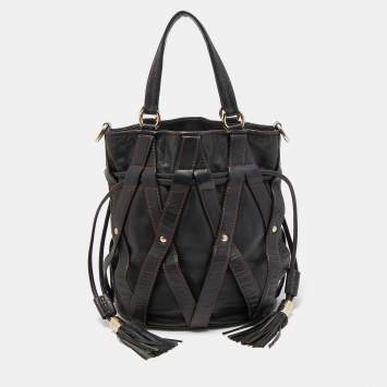 Pre Owned Lancel Dark Brown Leather Elsa Sellier Bucket Shoulder Bag