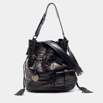 Pre Owned Lancel Metallic/Navy Blue Croc Embossed Leather Large Premier Flirt Bucket Bag