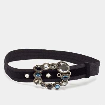 Pre Owned Lanvin Black Satin Crystal Embellished Buckle Waist Belt Belt S