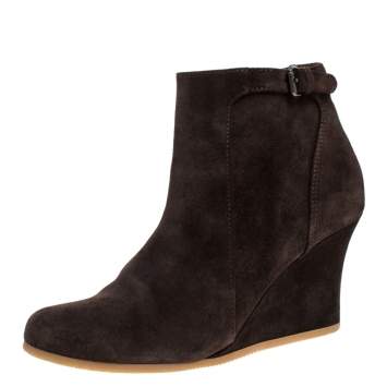 Pre Owned Lanvin Brown Suede Zip Wedge Ankle Boots Size 37.5