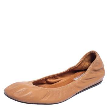 Pre Owned Lanvin Brown Leather Scrunch Ballet Flats Size 38.5