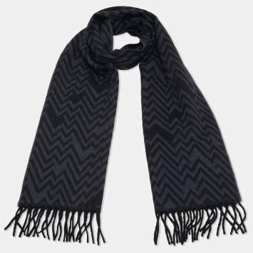 Pre Owned Lanvin Blue Chevron Knit Wool Fringed Scarf 
