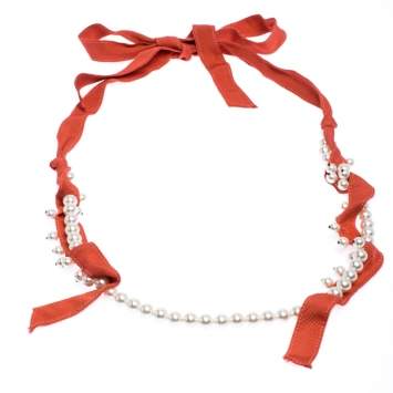 Pre Owned Lanvin Orange Fabric Faux Pearl Strand Long Tie-up Necklace