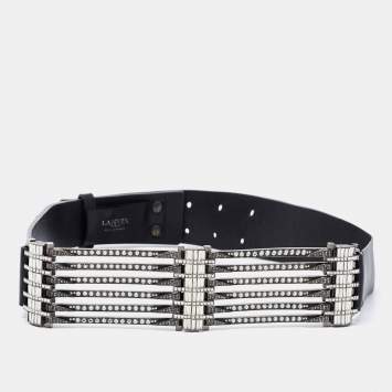 Pre Owned Lanvin Black Leather Crystal Embellished Waist Belt M
