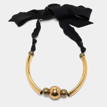 Pre Owned Lanvin Antique Gold Tone Bead & Grosgrain Ribbon Choker