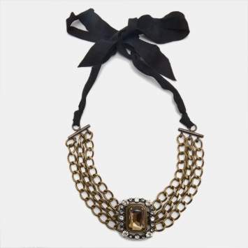 Pre Owned Lanvin Crystals Gold Tone Fabric Necklace
