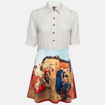Pre Owned Lanvin White Printed Crepe Mini Dress S