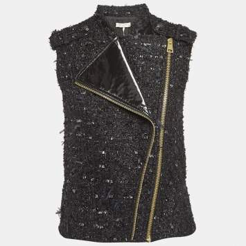 Pre Owned Lanvin Black Shiny Tweed Zip-Up Waistcoat S