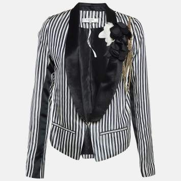 Pre Owned Lanvin Navy Blue/White Stripe Embellished Satin Blazer S