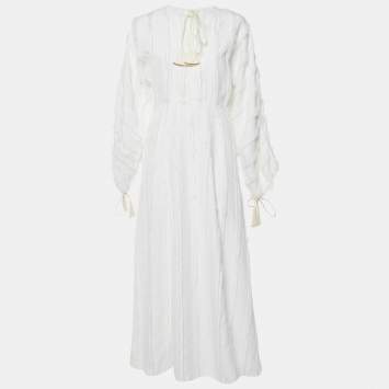 Pre Owned Lanvin Off-White Crepe Fringed Maxi Dress M