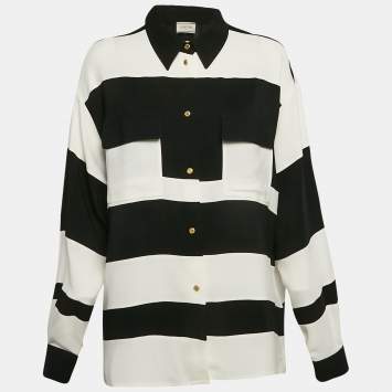 Pre Owned Lanvin Black/White Stripe Panelled Crepe Oversized Shirt M