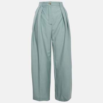 Pre Owned Lanvin Green Wool Blend Pleated Wide Leg Trousers S