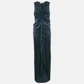 Pre Owned Lanvin Blue Satin Silk Frayed Asymmetric Sleeveless Maxi Dress S