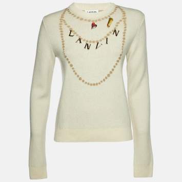 Pre Owned Lanvin Cream Cashmere & Wool Knit Logo Charm Detail Sweater S