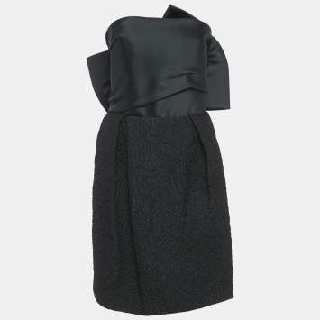 Lanvin Black Satin and Textured Jacquard Bow Detail Strapless Mini Dress M