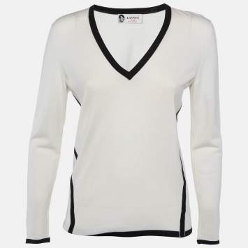 Pre Owned Lanvin White Contrast Trim Wool Knit V-Neck Sweater S