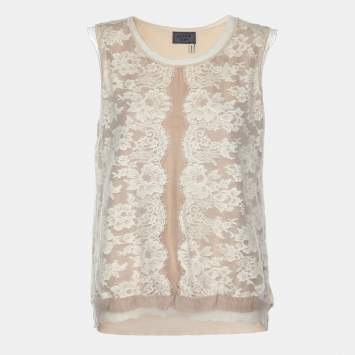 Lanvin Beige Floral Lace Cotton Sleeveless Top L